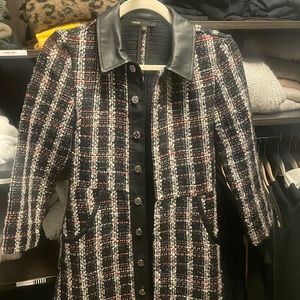 Maje Renaty Black Tweed Button Down Dress w/ Faux Leather Trim